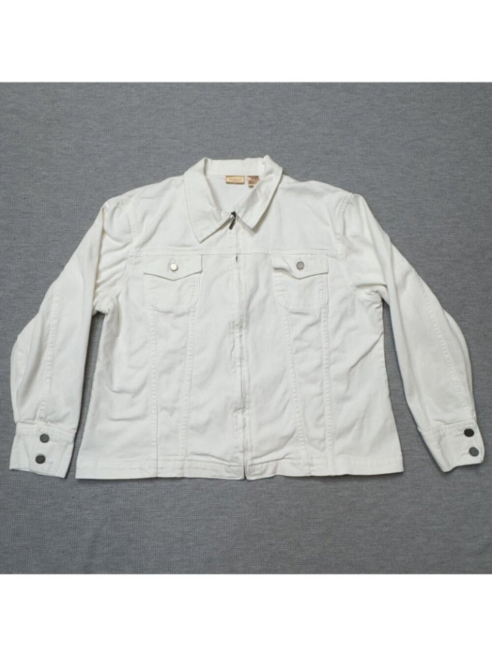 NorthCrest Denim Jacket Womens Sz Large White Full Zip Long Sleeve Chest Pockets - Picture 3 of 16